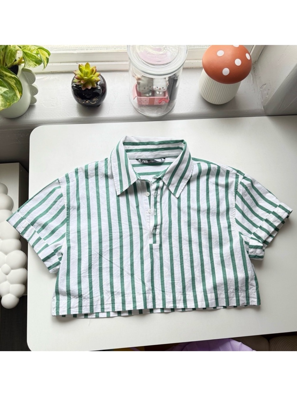 Cropped Green Striped Polo Top Zara